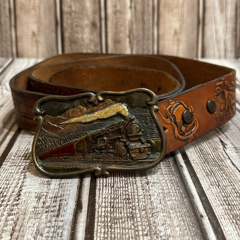 Bergamot Locomotive Vtg Brass Buckle Railfan Leather Tooled Belt 38-42 Unisex